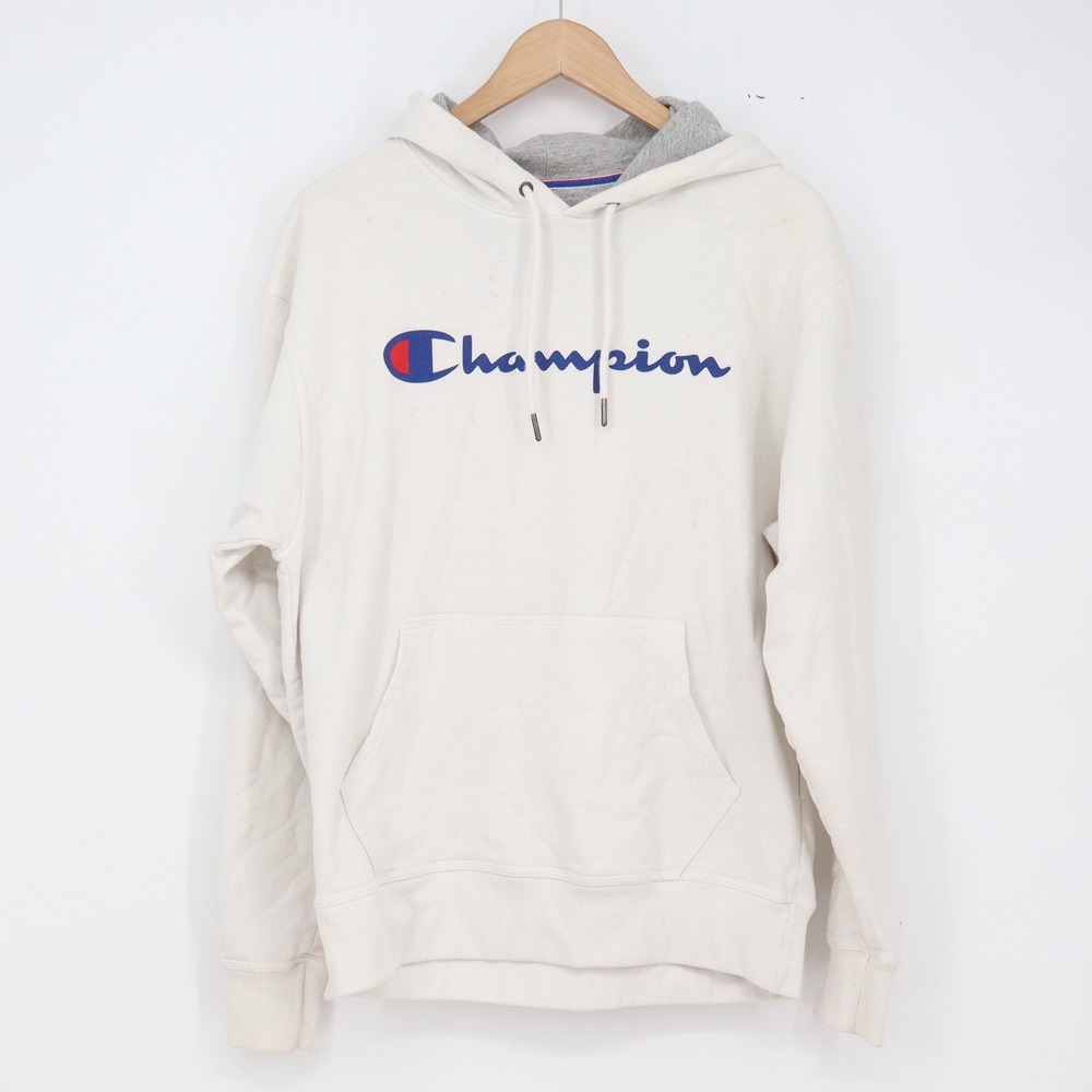 Champion Hoodie Mens M White Script Logo Fleece Pullover Good